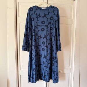 Marimekko EUC Blue Floral Long-Sleeve A-Line Jersey Dress